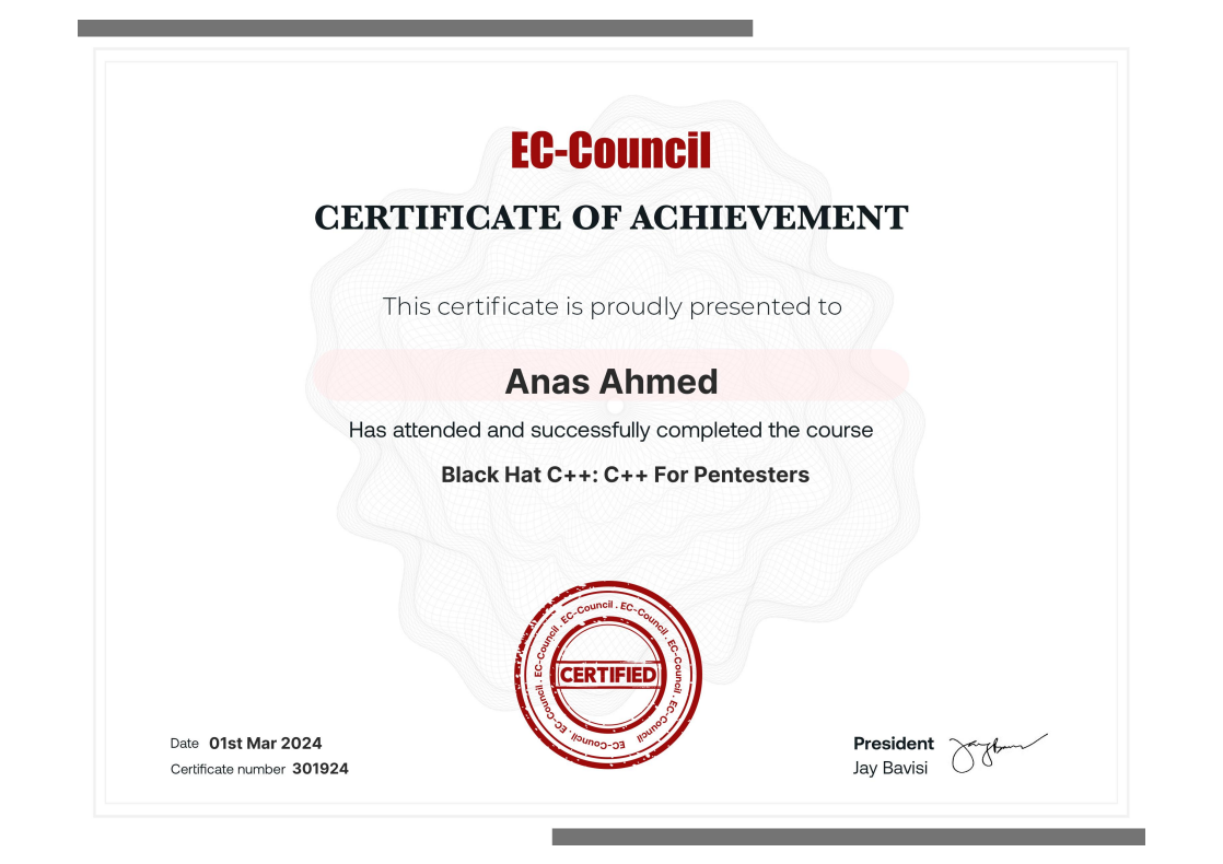 Black Hat C++ for Pentesters Certificate